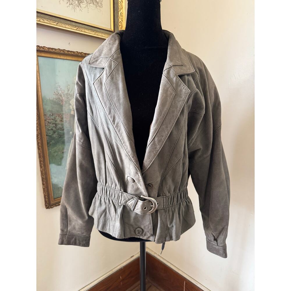 Vintage NYC Boutique Motorcycle Leather Jacket Cropped Belted Gray Estimated M